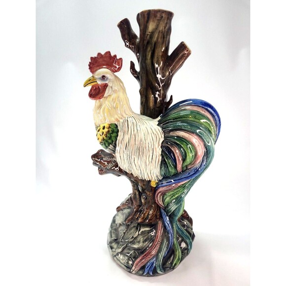 17" Italian Majolica Lamp Base Rooster & Tree Figurine Italy Hand Painted Signed - Picture 2 of 16